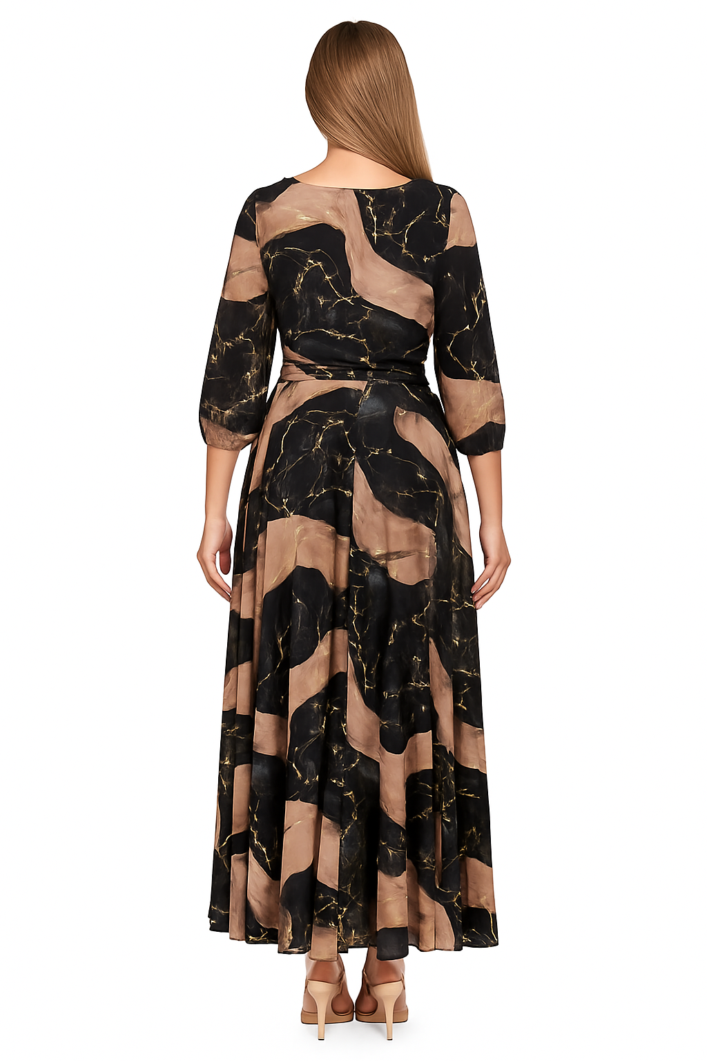 Sara | Vestido Elegante con Estampado Mármol Negro y Beige